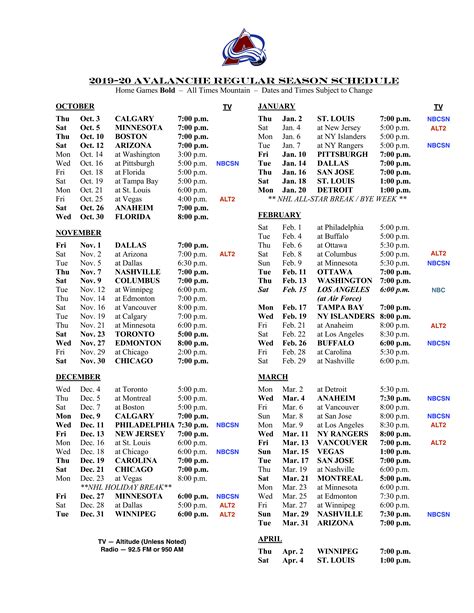 colorado avalanche hockey schedule